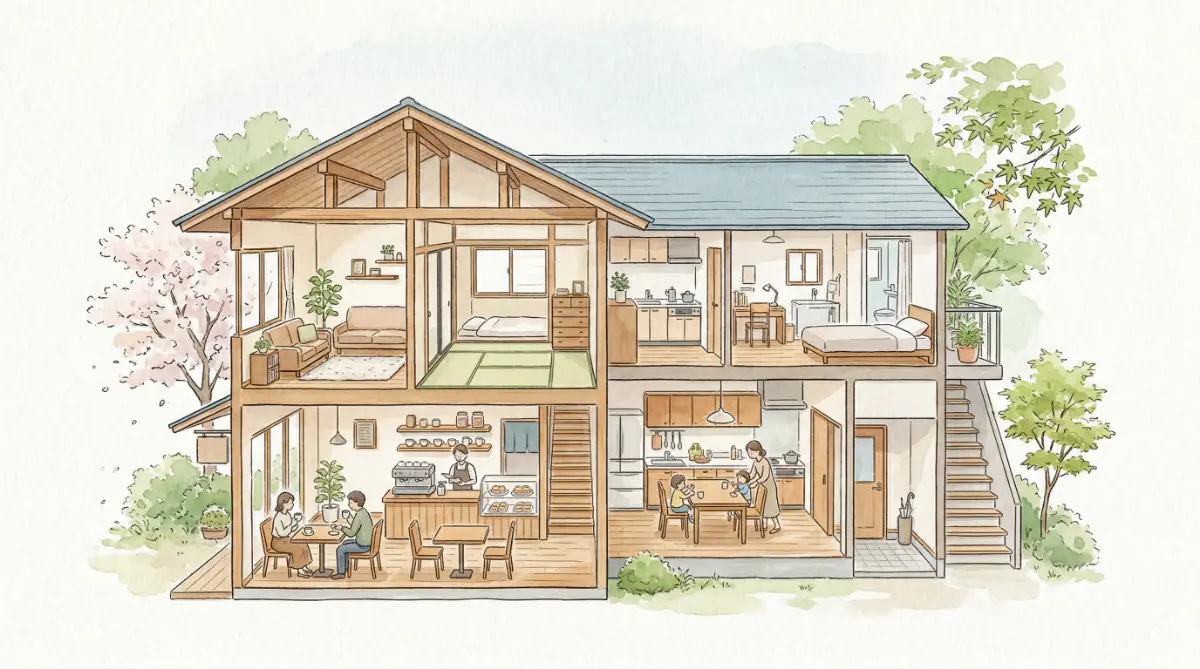 住宅ローンを活用した店舗兼用住宅と賃貸併用住宅の仕組みを表現した二階建て住宅の水彩断面イラスト