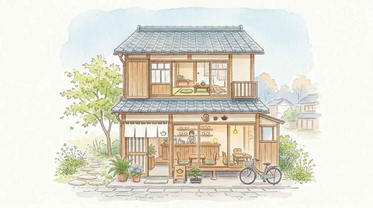 一階がカフェで二階が住居になっている店舗兼用住宅の水彩イラスト