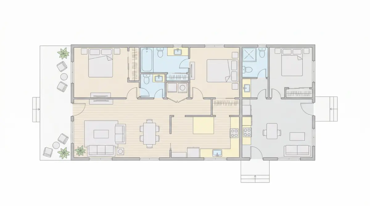 自宅スペースと賃貸スペースに分かれた賃貸併用住宅の構造を示す平面図イラスト